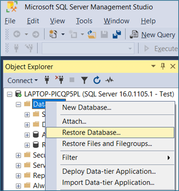 Steps to Restore SQL Database via SQL Server Manager